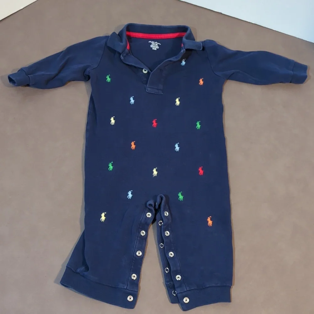 Ralph Lauren Outfit 12 M One Piece Blue with Logo Theme Snap Closure
